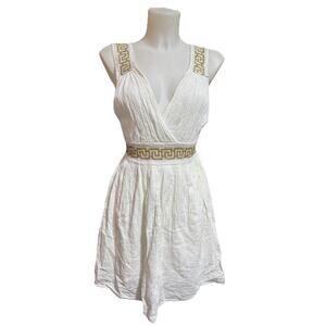 A&G White 100% Bambaki Cotton Gauzy Greek Goddess Plunged Neck Dress B266
